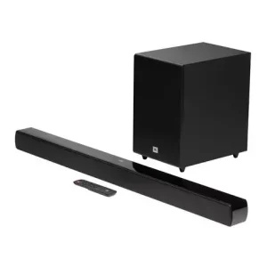 JBL Soundbar SB270 with wireless subwoofer in black, offering 220W of power, Dolby Digital sound, Bluetooth streaming, and sleek home-friendly design