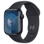 Apple Watch Series 9 with aluminum case and sport band displaying time and health stats on a bright always-on Retina display.