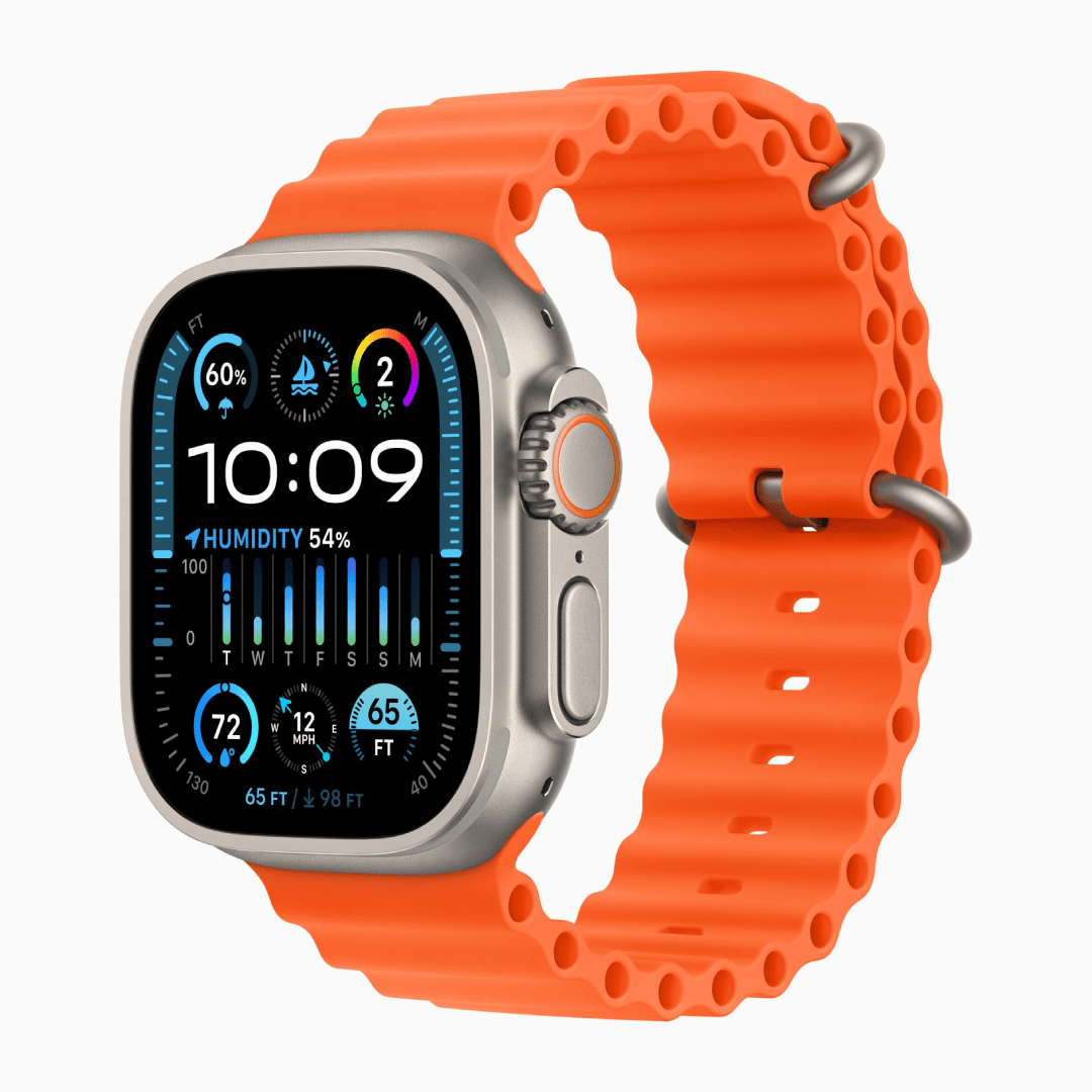 Apple Watch Ultra Image of Apple Watch Ultra with titanium case and ocean band, showcasing rugged design and high-brightness display in outdoor environment.