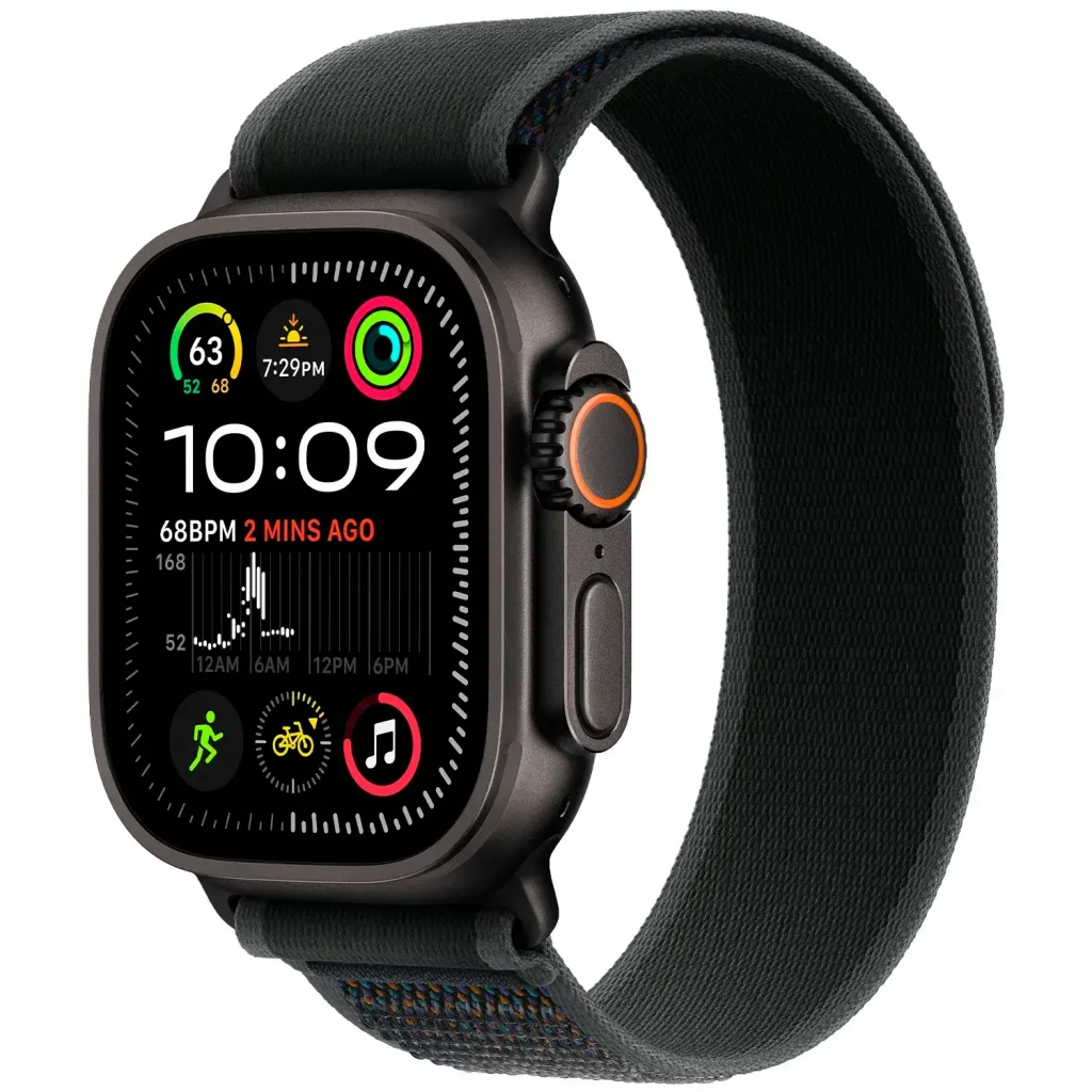 Apple Watch Ultra 2 with 49mm titanium case, Alpine Loop band, and Modular Ultra face shown in outdoor adventure setting.
