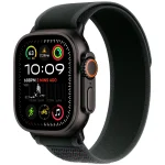 Apple Watch Ultra 2 with 49mm titanium case, Alpine Loop band, and Modular Ultra face shown in outdoor adventure setting.