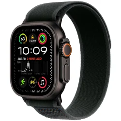 Apple Watch Ultra 2 with 49mm titanium case, Alpine Loop band, and Modular Ultra face shown in outdoor adventure setting.