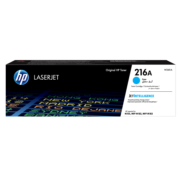 Image of HP 216A Cyan Original LaserJet Toner cartridge box for LaserJet Pro MFP printers.