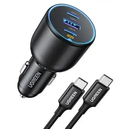 UGREEN 130W 3-Port Fast Car Charger UGREEN 130W 3-Port Fast Car Charger EC705 – Compact black car charger with USB-C PD and QC3.0 ports for fast charging laptops, phones, and tablets.