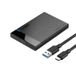 UGREEN US221 2.5" SATA Hard Drive Enclosure showing its compact tool-free design and USB 3.0 cable.