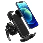 UGREEN Bike Mount Phone Holder (Black) securely mounted on a bicycle handlebar with a smartphone, showing 360-degree adjustable rotation and rugged silicone grip.