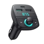 Image of the UGREEN Bluetooth Car Charger CD229 in black, showing dual USB ports, LED screen, and media control buttons.