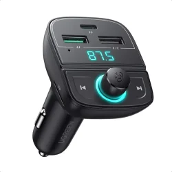 Image of the UGREEN Bluetooth Car Charger CD229 in black, showing dual USB ports, LED screen, and media control buttons.