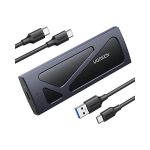 UGREEN CM578 M.2 NVMe SSD Enclosure in black aluminum with dual USB cables for fast external storage.