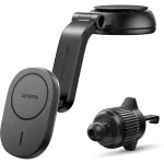 UGREEN Magnetic Car Wireless Charger in Black mounted on a car vent with an iPhone attached, showing fast wireless charging in action.