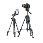 UGREEN LP661 Professional Tripod with camera mounted and phone holder extended on a white background